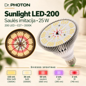 LED lempa augalams, saulės šviesos imitacija | Dr. PHOTON Sunlight LED-200 | 25W | E27 | 3500K