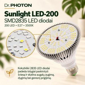 LED lempa augalams, saulės šviesos imitacija | Dr. PHOTON Sunlight LED-200 | 25W | E27 | 3500K